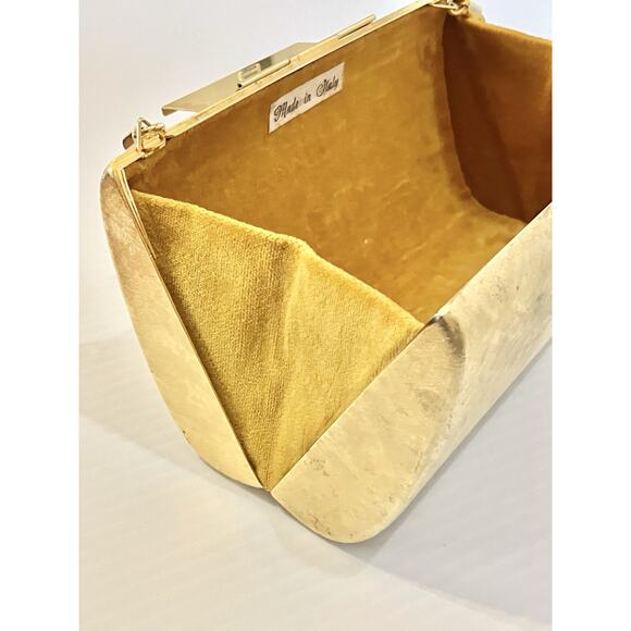 Vtg Gold Metallic Clutch Purse Hard Shell Chain Strap Velvet Lined Evening Bag - Picture 3 of 8